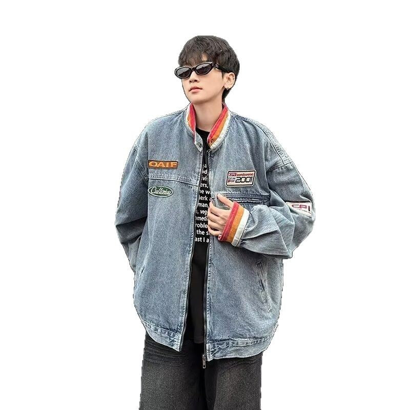 Vintage stand up collar vintage couple denim jacket for men