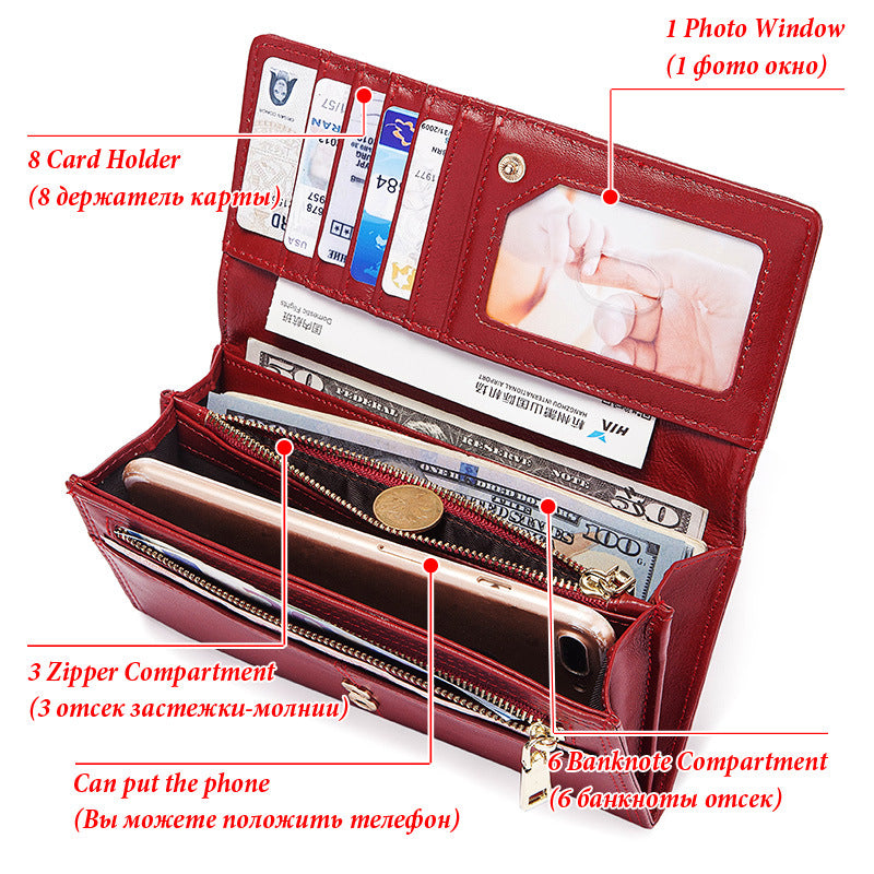 New Leather Ladies Wallet Retro Mobile Coin Clutch RFID Anti-theft Brush Ladies Long Wallet