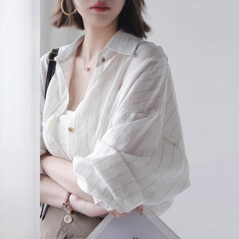 Warm Striped Cotton Linen Long Sleeve Shirt for Women, Loose Fit, Mid-Length, Casual Outerwear Top
