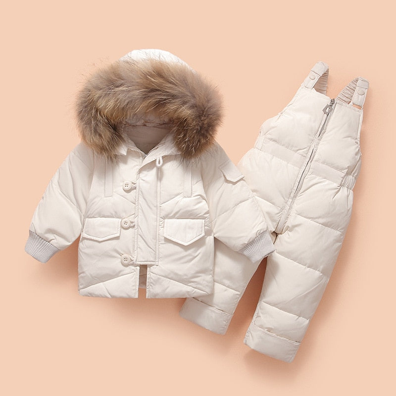 Children's baby  Down Jacket with Big Fur Hood 4 Solid Colors with Zipper kids Down Jacket Set 2pcs