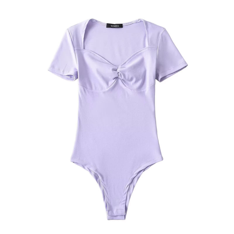 Ballet Style Short Sleeve New Top for Women, Knotted V-Neck Short Bodysuit