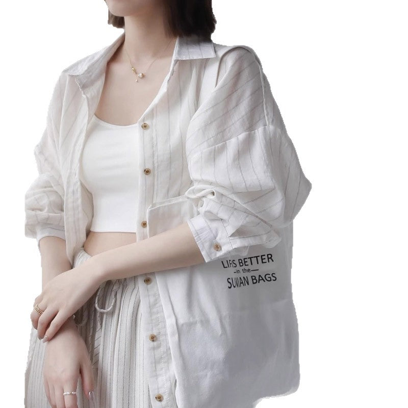 Warm Striped Cotton Linen Long Sleeve Shirt for Women, Loose Fit, Mid-Length, Casual Outerwear Top
