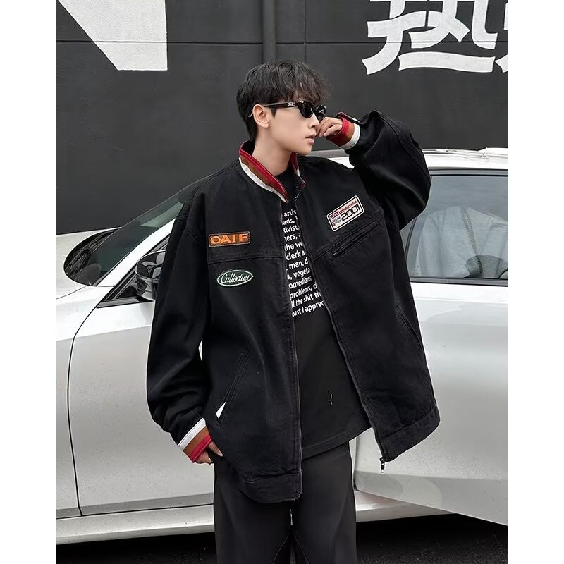 Vintage stand up collar vintage couple denim jacket for men