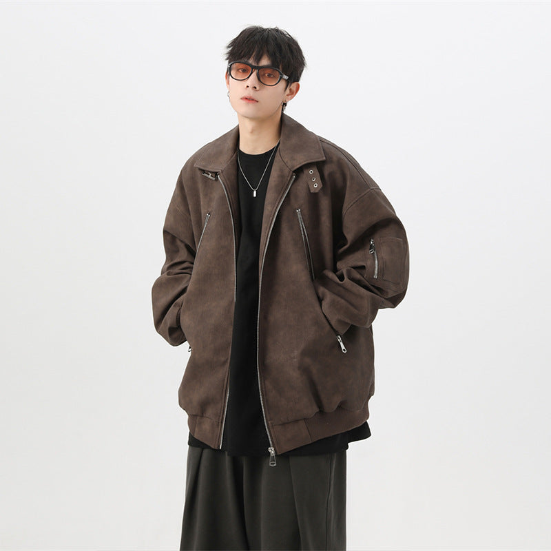 Retro collar PU leather jacket for men