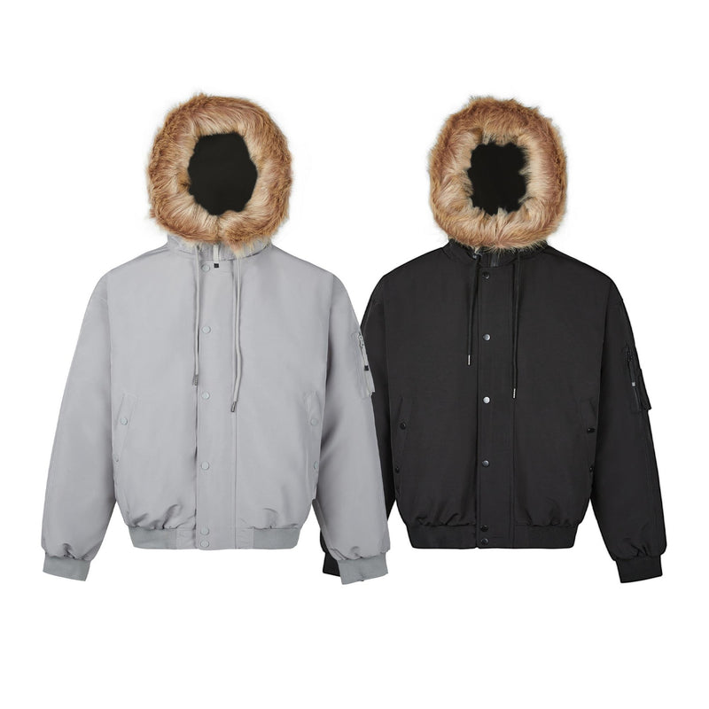 Warm Puffer Jacket with Mountain Carving Fur Collar Coat for Men and Women