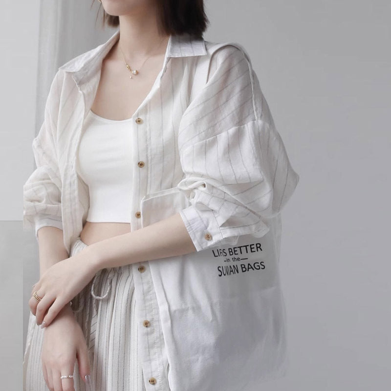 Warm Striped Cotton Linen Long Sleeve Shirt for Women, Loose Fit, Mid-Length, Casual Outerwear Top