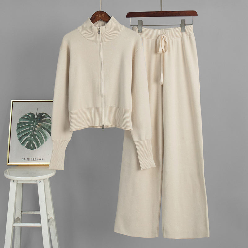 Double zipper knitted slim sweater set