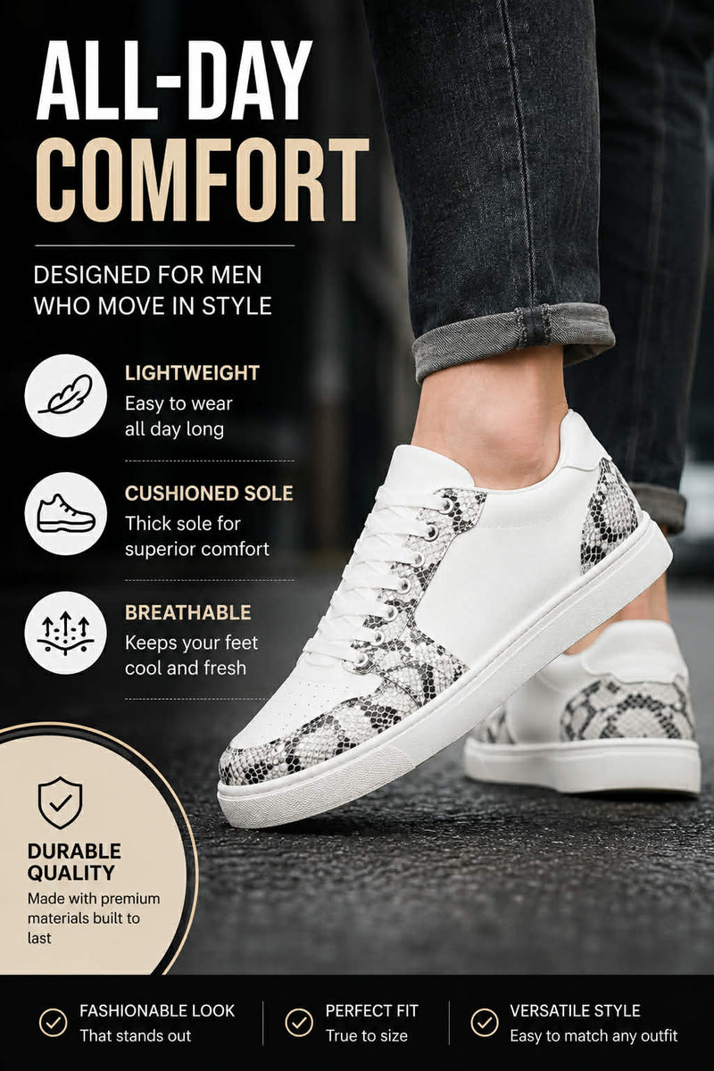 Men’s Fashion Snake Print Sneakers – Breathable Thick Sole Streetwear Shoes