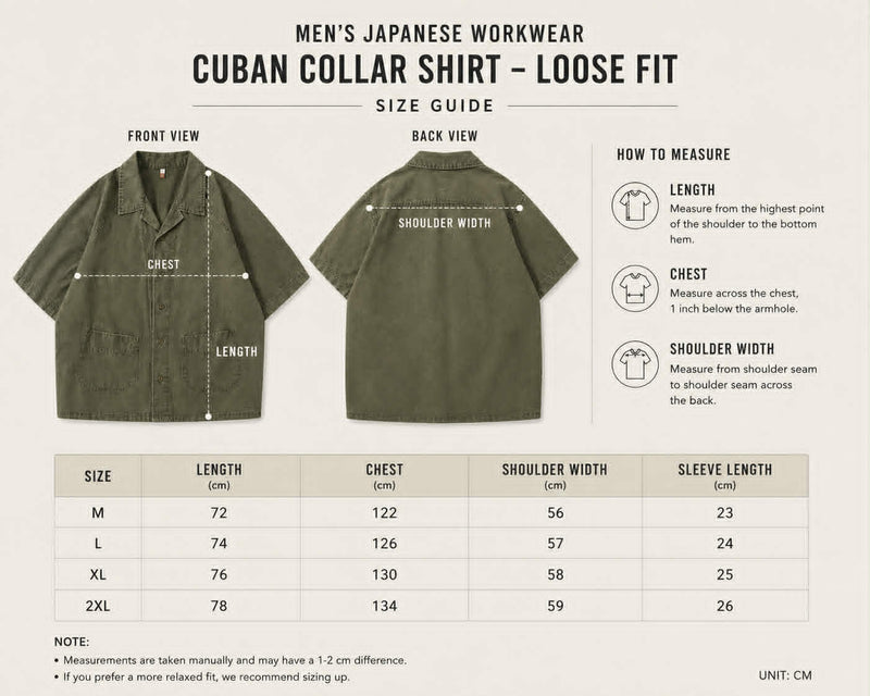 Men’s Japanese Workwear Cuban Collar Shirt – Loose Fit Casual Short Sleeve Top