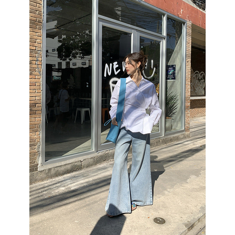 Retro fashion high waisted slightly flared jeans for women