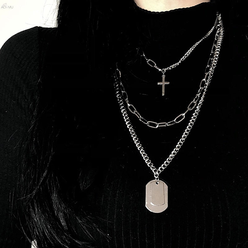 AOMU Layered Hip Hop Necklace with Cross & Key Pendant