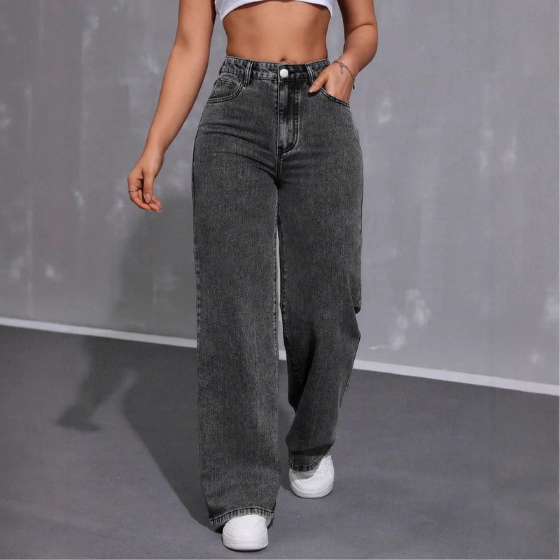 Washed Wide Leg Elastic High Waist Fashion Casual Jeans for Women