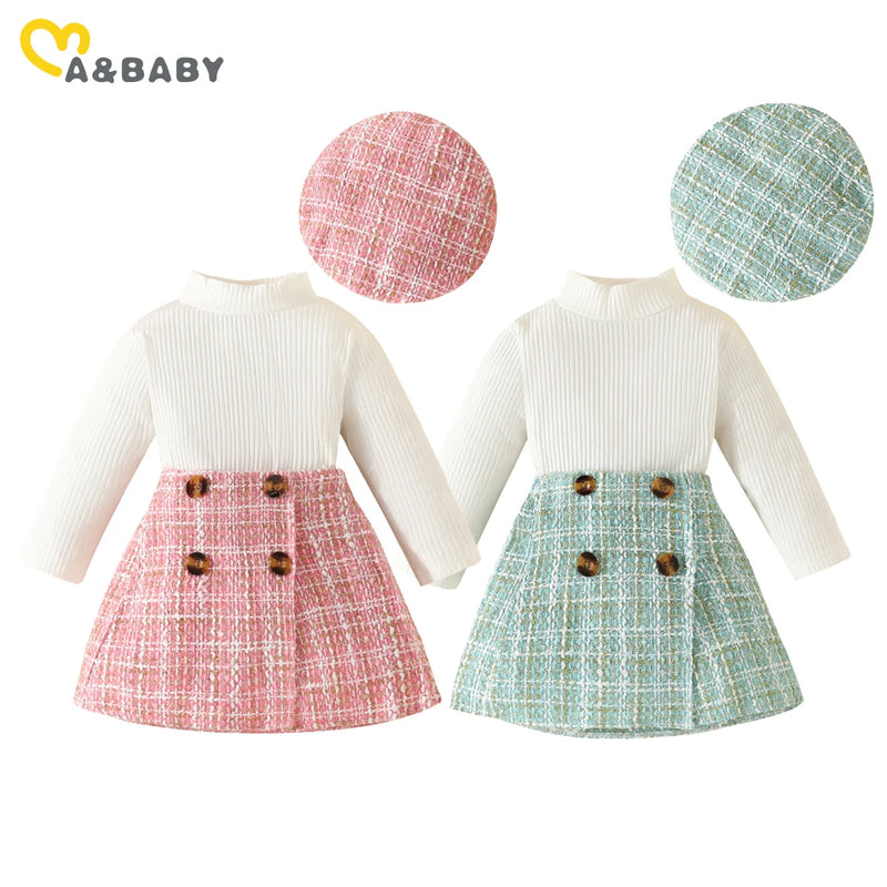 6M-3Y Toddler Infant Newborn Baby Girls Clothes Sets Knit Long Sleeve Tops Plaid Skrits Hat Fall Spring Outfits  D05