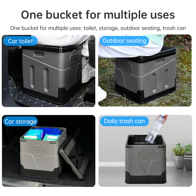 Portable folding camping toilet: adult/child use, self-contained, with lid and seat.