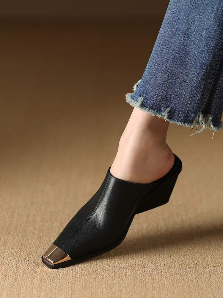 Baotou half slippers women's summer lazy mules genuine leather high-heeled single shoes evening evening style heelless women's s