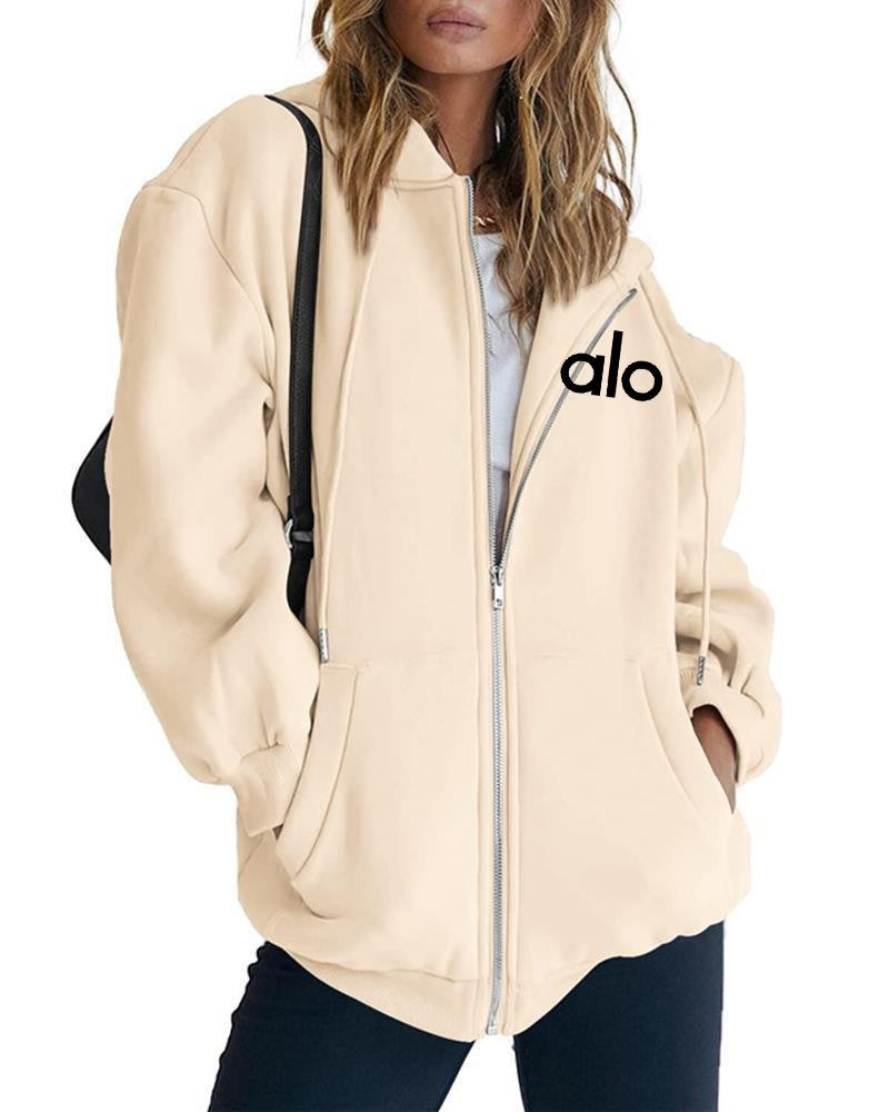 Alo Women's Personality Print Zip-Up Hoodie Loose Casual Long Sleeve Hooded Sweatshirt Sporty Style