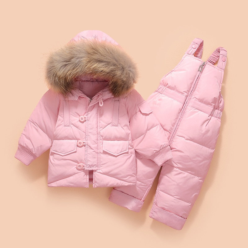 Children's baby  Down Jacket with Big Fur Hood 4 Solid Colors with Zipper kids Down Jacket Set 2pcs