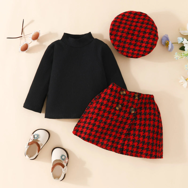 6M-3Y Christmas Newborn Infant Toddler Baby Girl Clothes Sets Knit Long Sleeve Tops Plaid Skirts Hat Xmas Outfits D05