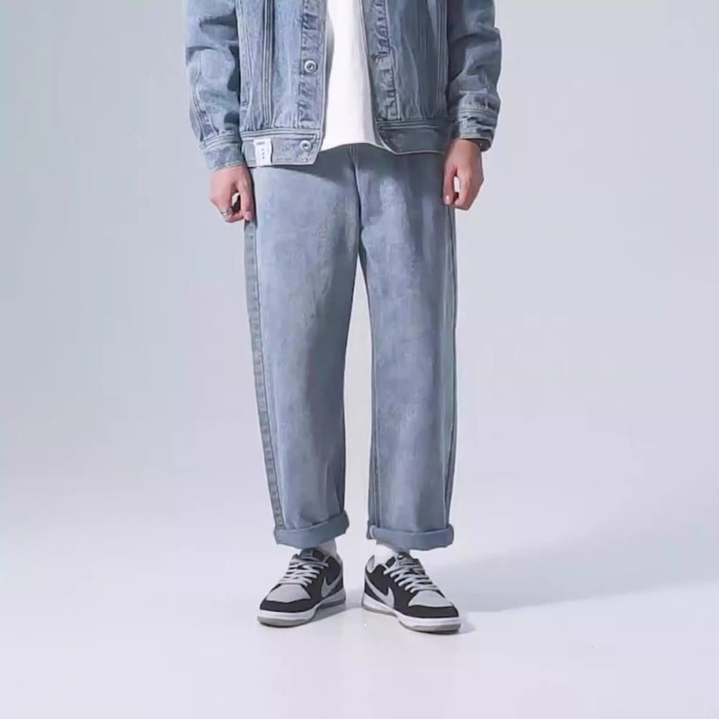 Simple solid color jeans for men washed loose straight long pants