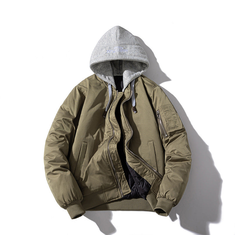 Baseball Jacket Men Simple Popular Cotton-Padded Large Solid Color Outerwear Pilot Jacket Men