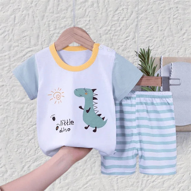 Set Pajamas Summer Kids Baby Boys Girls Cotton Casual Tracksuit Cartoon Dinosaur Clothes Suit