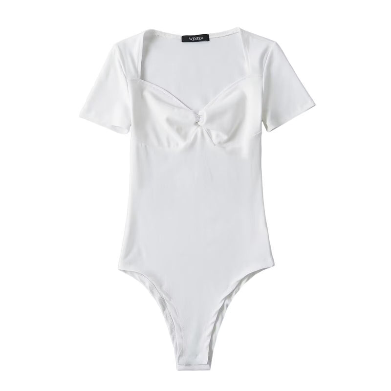 Ballet Style Short Sleeve New Top for Women, Knotted V-Neck Short Bodysuit