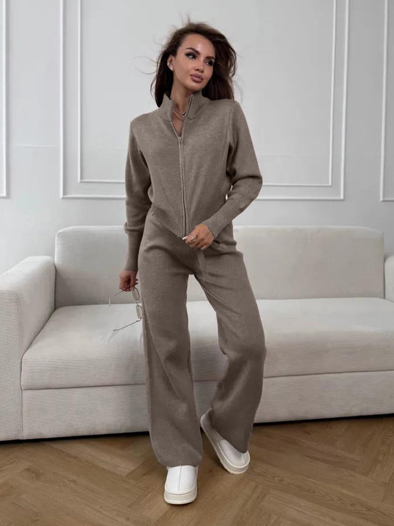 Double zipper knitted slim sweater set