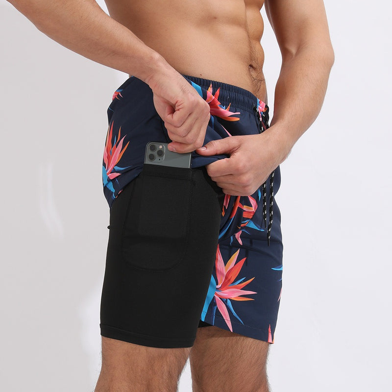 Men’s Double-Layer Beach Sports Shorts – Printed Activewear