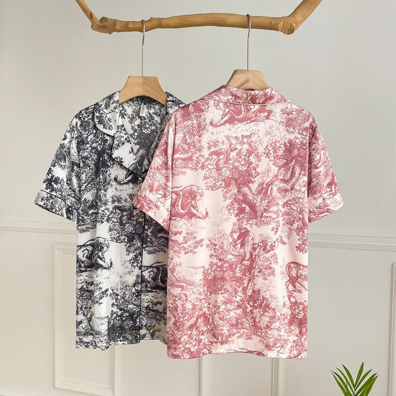 Watercolor Chinese Style Jungle Pajamas for Women, Summer Elegant Short Sleeve Ice Silk Sleepwear Set