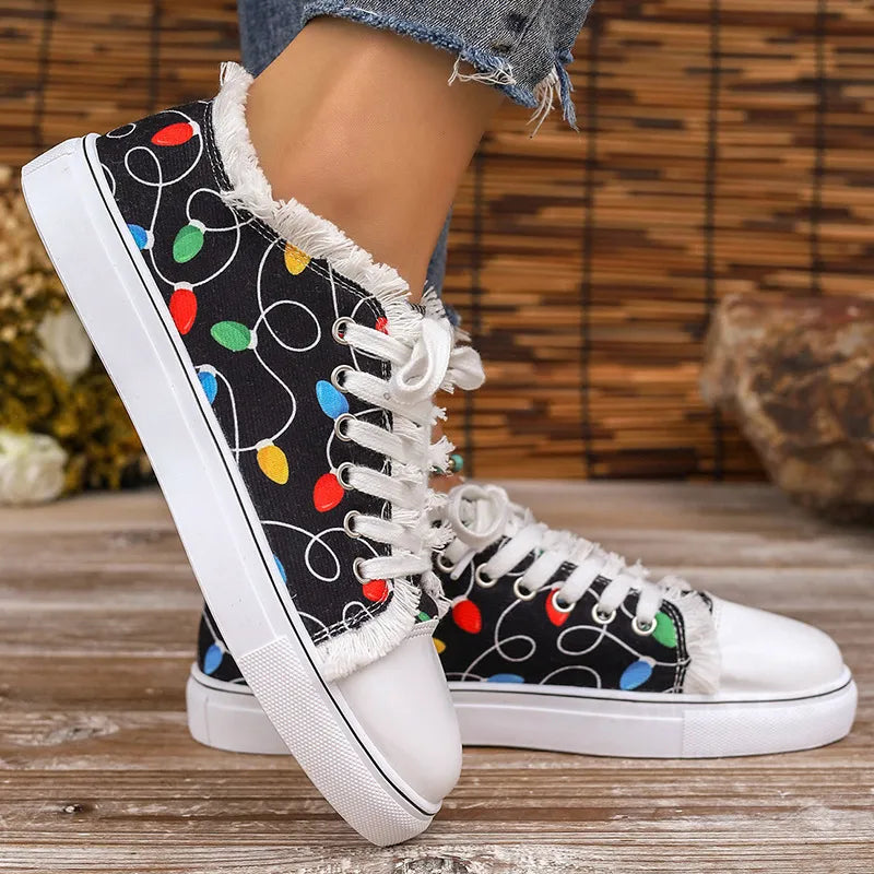 Raw Hem Printed Round Toe Sneakers