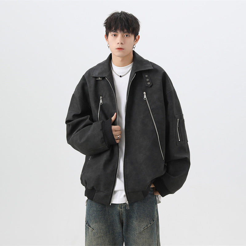 Retro collar PU leather jacket for men