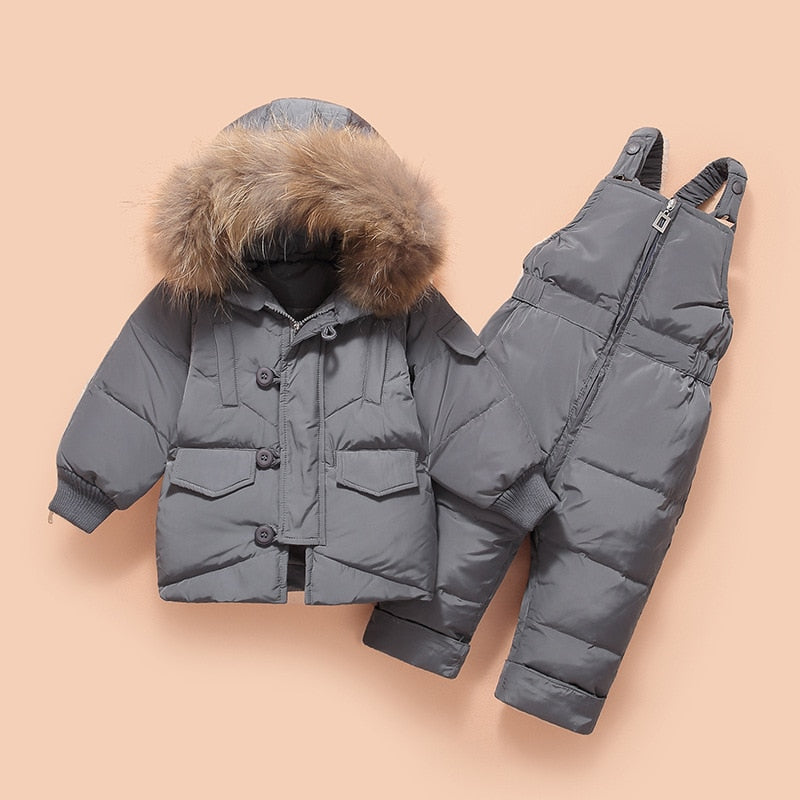 Children's baby  Down Jacket with Big Fur Hood 4 Solid Colors with Zipper kids Down Jacket Set 2pcs