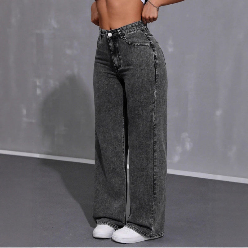 Washed Wide Leg Elastic High Waist Fashion Casual Jeans for Women