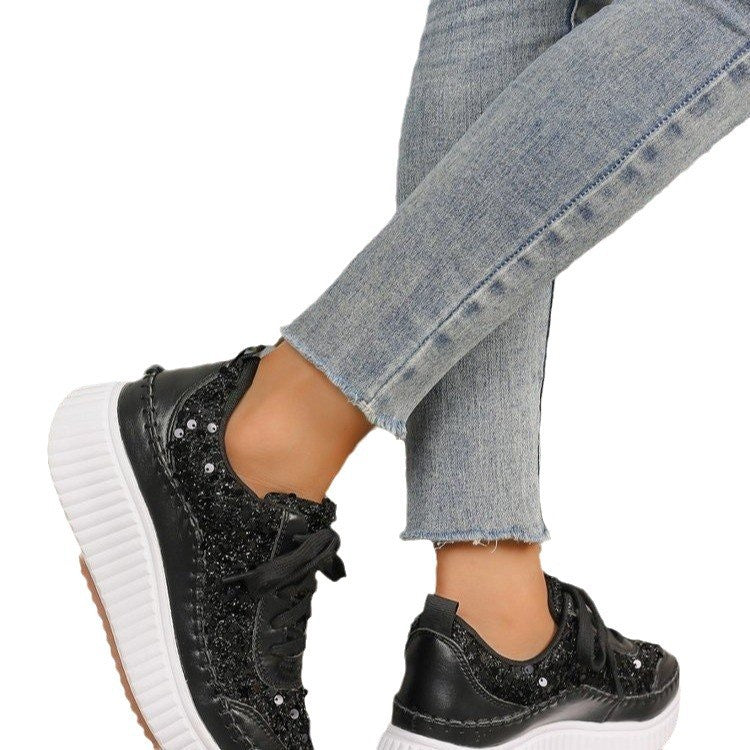 Sequin Round Toe Platform Lace Up Sneakers