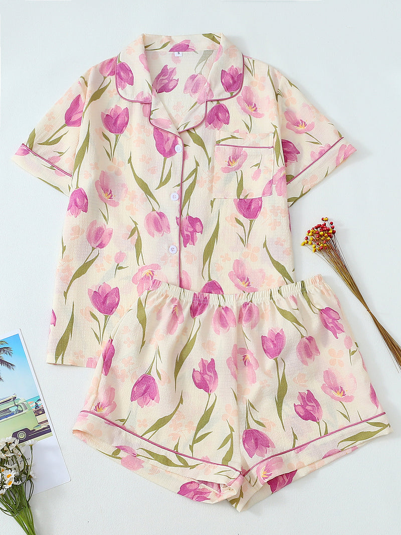 Purple Chrysanthemum Pleated Pajamas for Women, Bubble Crepe Sleepwear