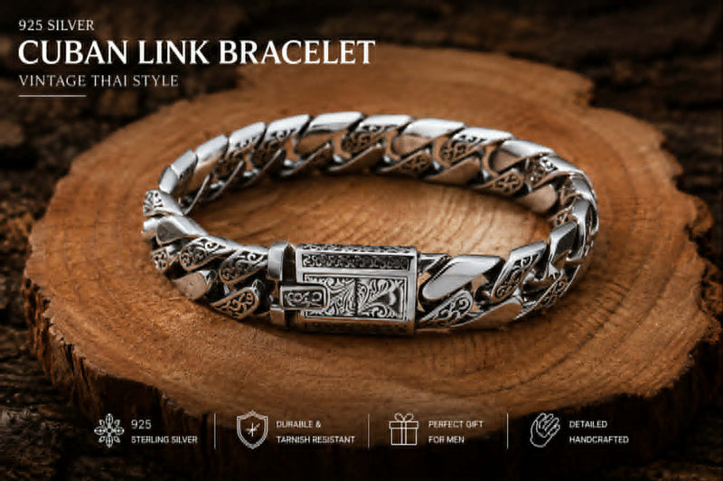 925 Silver Cuban Link Bracelet for Men in Vintage Thai Style with detailed engraving and durable clasp.