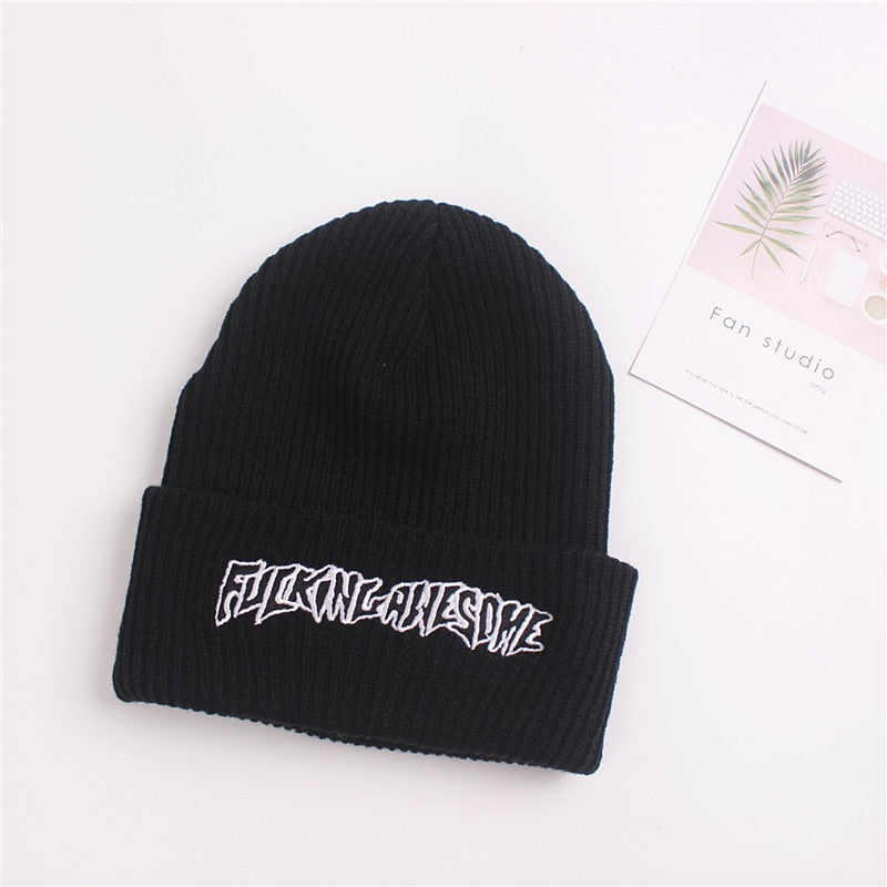Embroidered Knit Beanie - Winter Streetwear Skull Cap