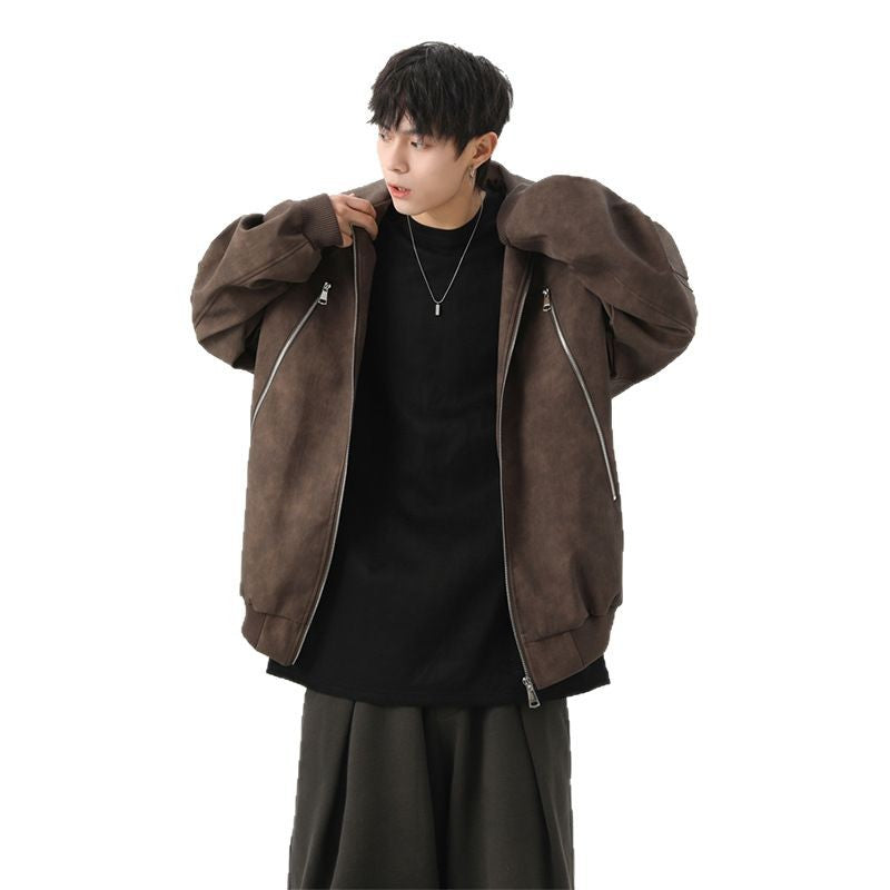 Retro collar PU leather jacket for men