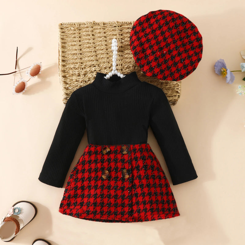 6M-3Y Christmas Newborn Infant Toddler Baby Girl Clothes Sets Knit Long Sleeve Tops Plaid Skirts Hat Xmas Outfits D05