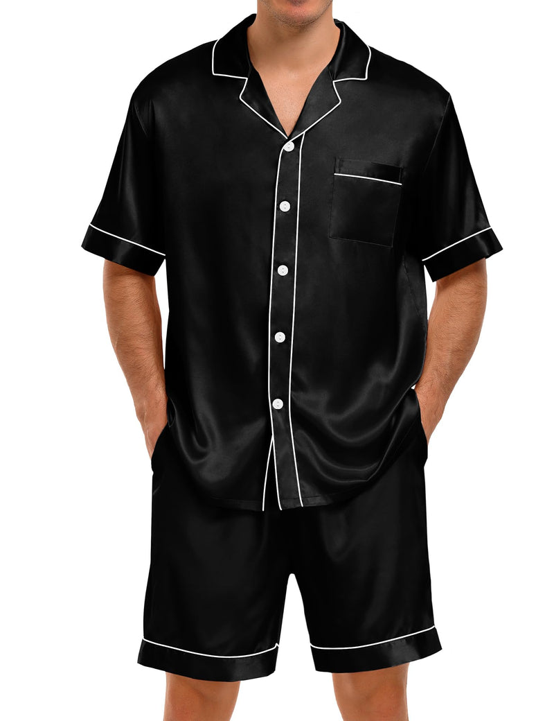SWOMOG Men Satin Pajama Set 2 Pcs Loungewear Button Down Pjs Set Sleepwear Short-Sleeve Top & Shorts with Pockets Black Small