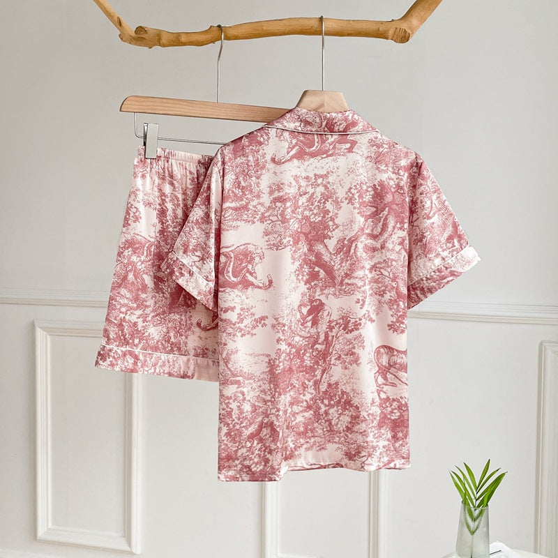 Watercolor Chinese Style Jungle Pajamas for Women, Summer Elegant Short Sleeve Ice Silk Sleepwear Set