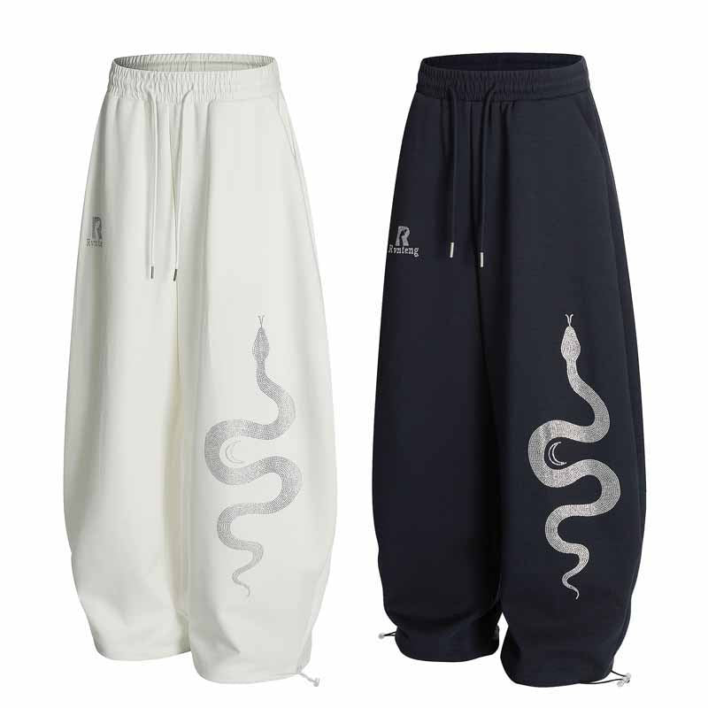 Retro Rhinestone Snake Print Casual Pants Men Street Loose Sport Sweatpants Jazz Hip-Hop Dance Pants