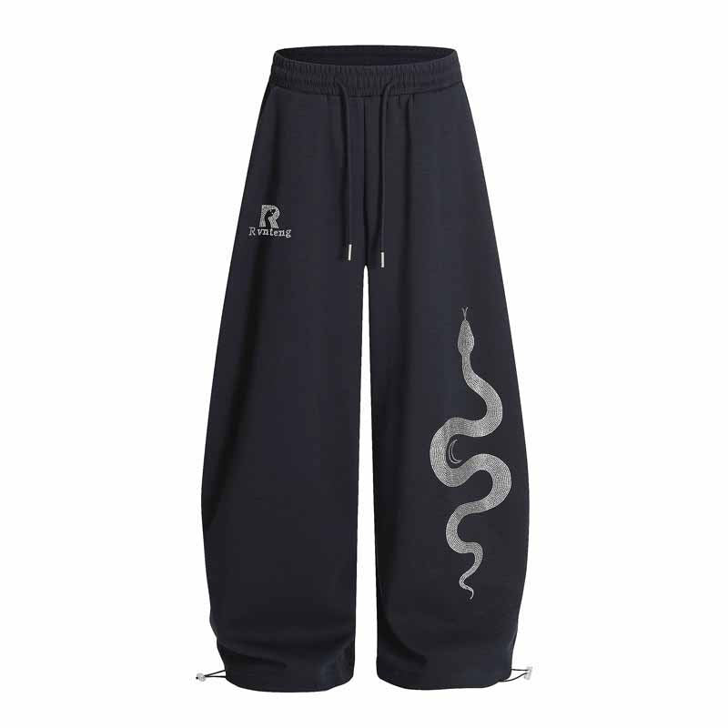 Retro Rhinestone Snake Print Casual Pants Men Street Loose Sport Sweatpants Jazz Hip-Hop Dance Pants