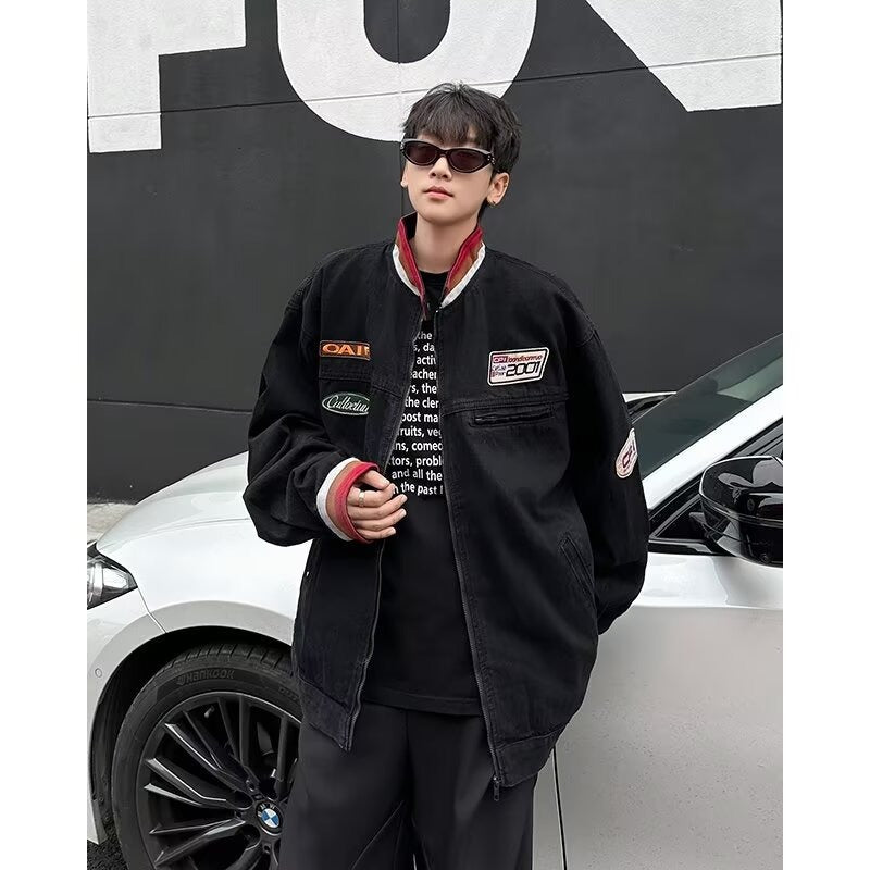 Vintage stand up collar vintage couple denim jacket for men