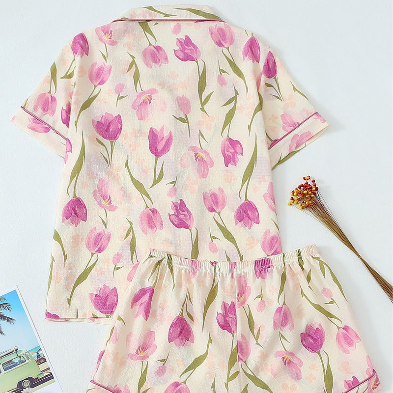 Purple Chrysanthemum Pleated Pajamas for Women, Bubble Crepe Sleepwear