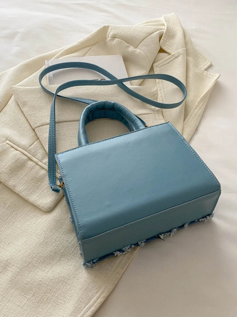 Raw Hem Denim PU Leather Handbag