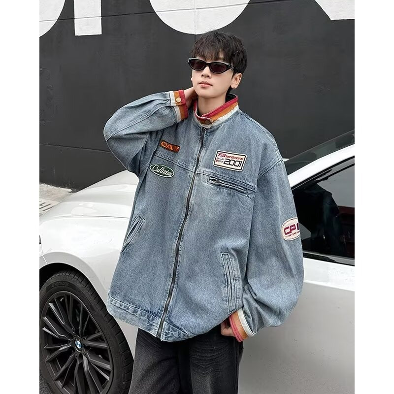 Vintage stand up collar vintage couple denim jacket for men