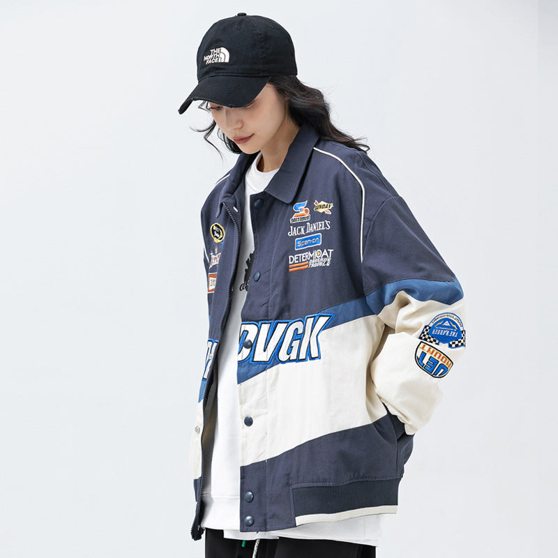 Color-Blocked Spliced Turn-Down Collar Jacket for Men and Women