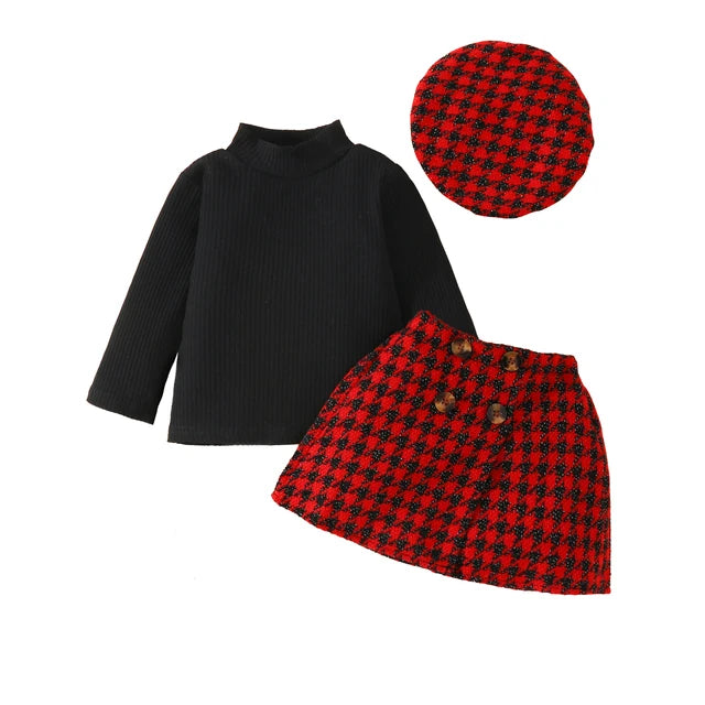 6M-3Y Christmas Newborn Infant Toddler Baby Girl Clothes Sets Knit Long Sleeve Tops Plaid Skirts Hat Xmas Outfits D05