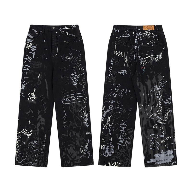 Graffiti washed denim jeans for men and women